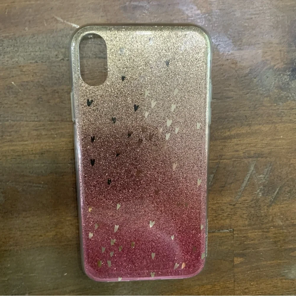 Nanette Lepore iPhone XR ombré pink and gold glitter hearts cell phone case